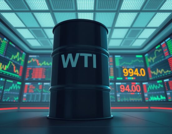 WTI Oil barrel on a trading floor with price near $94.00, illustrating the crude oil market analysis.