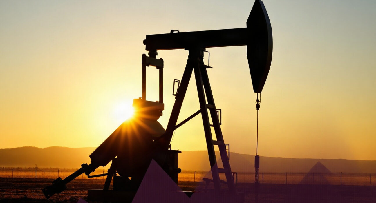 WTI crude oil price chart with pumpjack silhouette at sunset