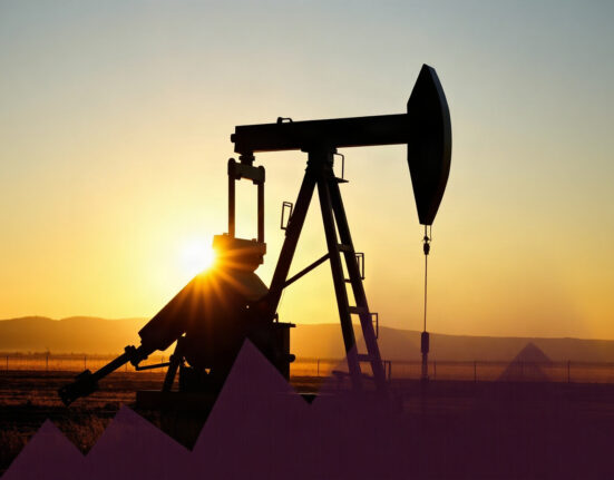 WTI crude oil price chart with pumpjack silhouette at sunset