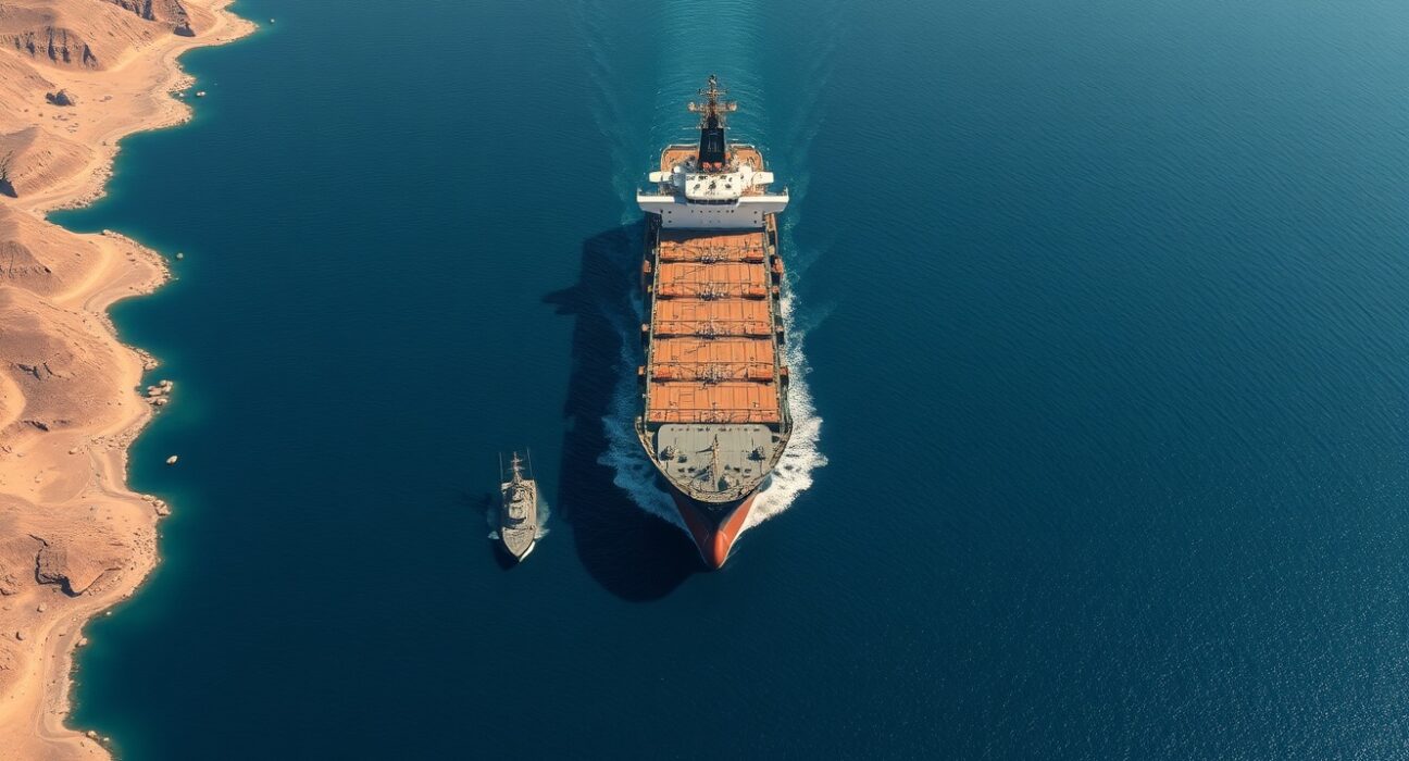 Oil tanker in the Strait of Hormuz during geopolitical tensions affecting WTI crude prices.