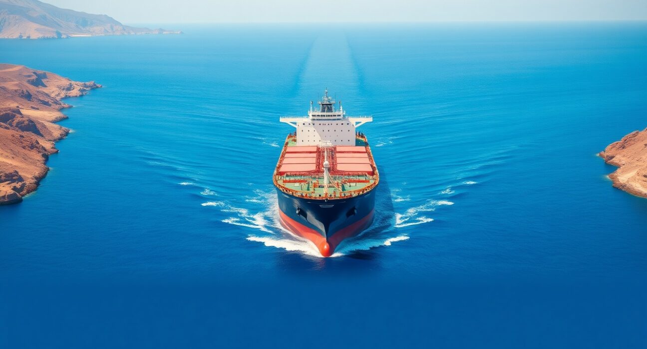 Oil tanker transiting the Strait of Hormuz after Iran's temporary reopening eased global supply concerns.