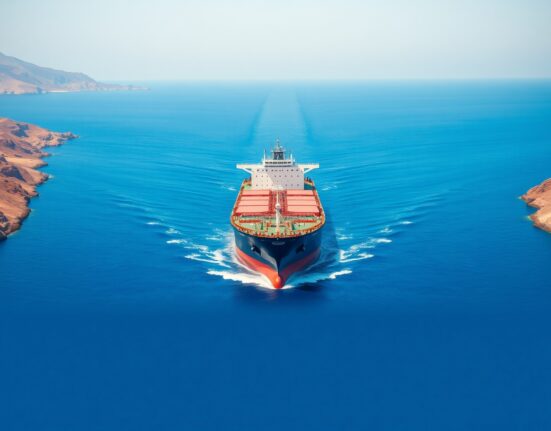 Oil tanker transiting the Strait of Hormuz after Iran's temporary reopening eased global supply concerns.