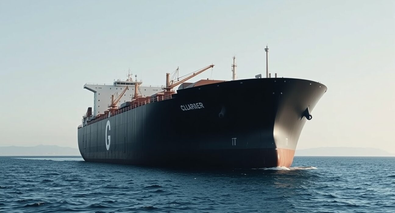 Oil tanker in the Strait of Hormuz during a supply disruption crisis impacting WTI prices.