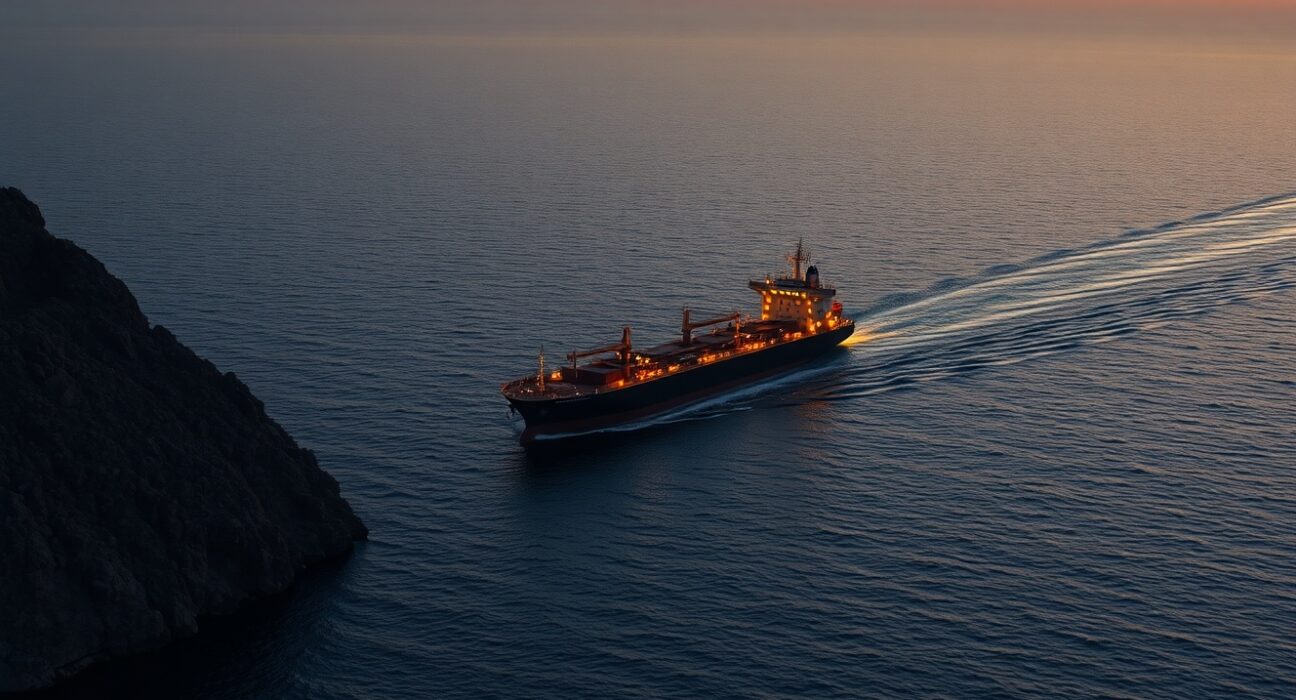 Oil tanker navigating the Strait of Hormuz as WTI crude prices surge on supply concerns.
