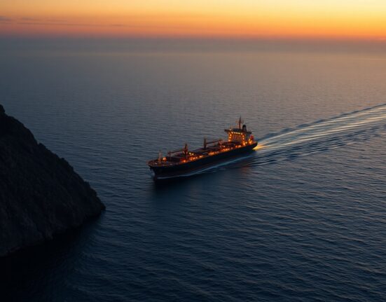 Oil tanker navigating the Strait of Hormuz as WTI crude prices surge on supply concerns.