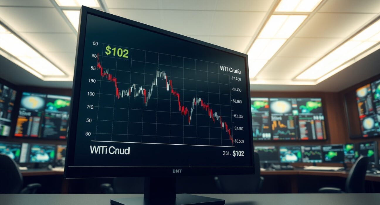 WTI crude oil price chart trending downward amid Iran peace deal negotiations.