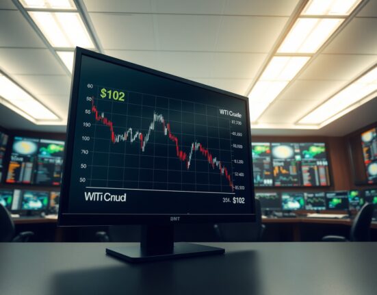 WTI crude oil price chart trending downward amid Iran peace deal negotiations.