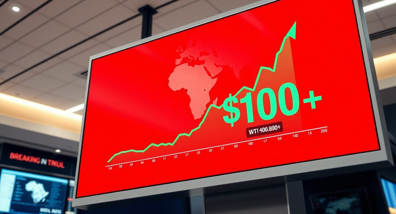 WTI crude oil price chart spiking above $100 per barrel on a trading floor display amid Middle East