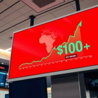WTI crude oil price chart spiking above $100 per barrel on a trading floor display amid Middle East