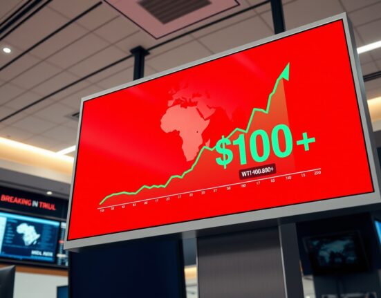 WTI crude oil price chart spiking above $100 per barrel on a trading floor display amid Middle East conflict news.