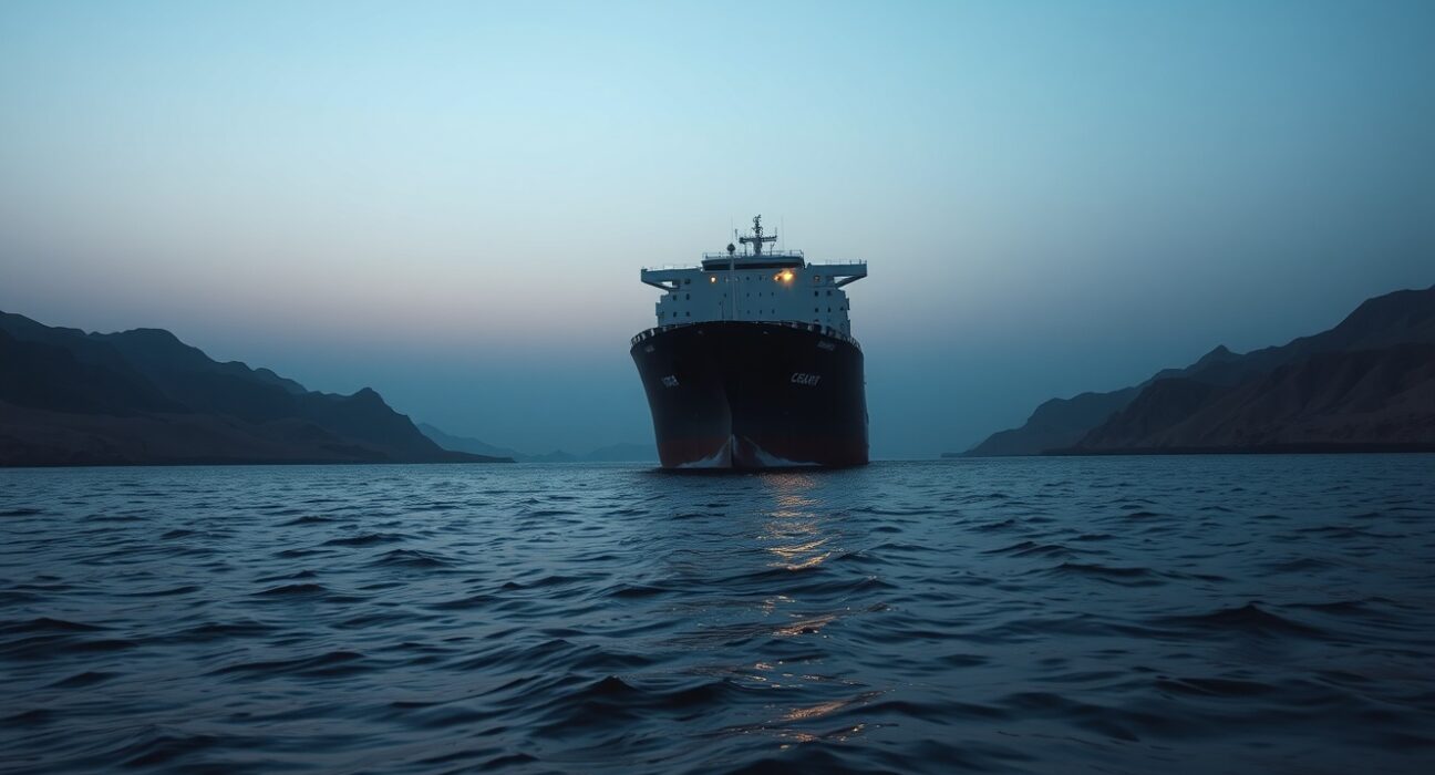 Oil tanker navigating the strategic Strait of Hormuz, a key chokepoint for global crude oil supply.