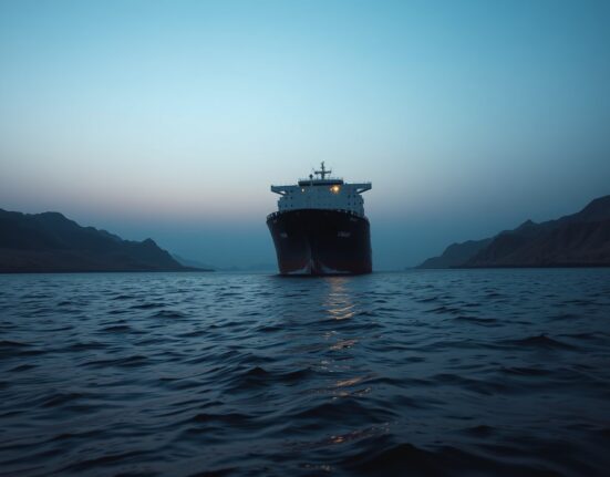 Oil tanker navigating the strategic Strait of Hormuz, a key chokepoint for global crude oil supply.