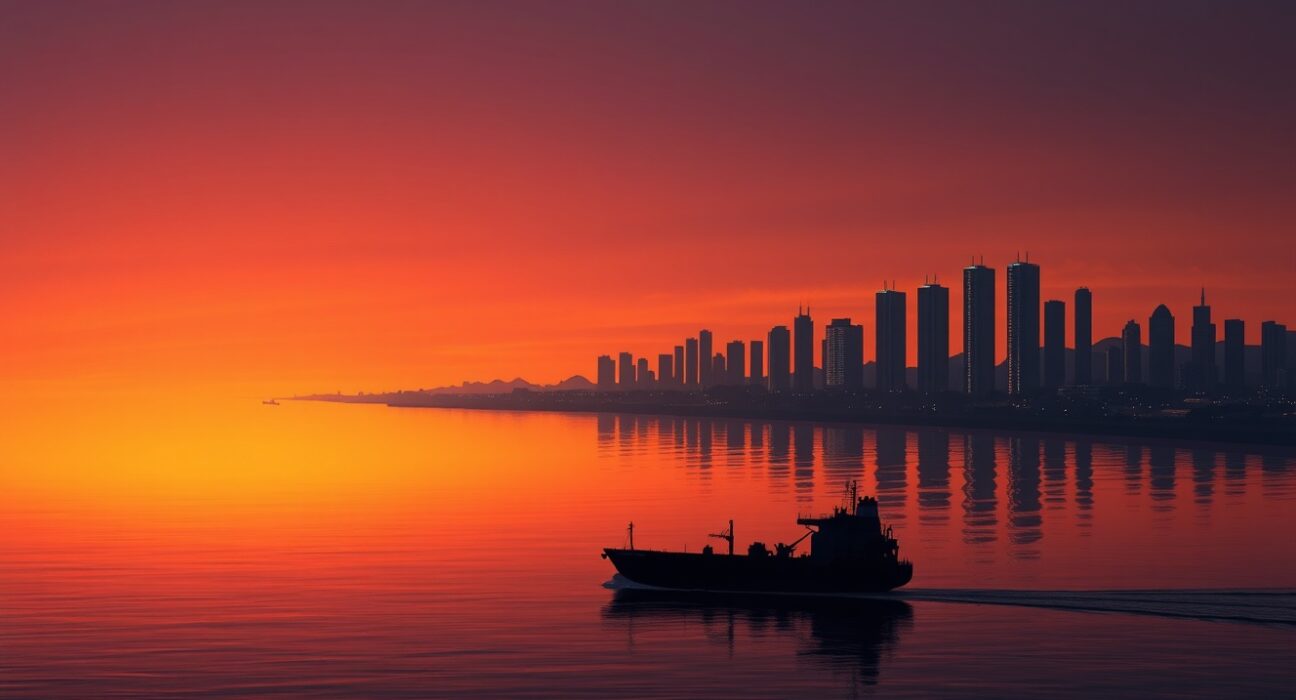 Oil tanker near a Gulf state city skyline as WTI crude prices surge on Middle East conflict fears.