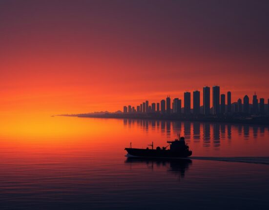 Oil tanker near a Gulf state city skyline as WTI crude prices surge on Middle East conflict fears.