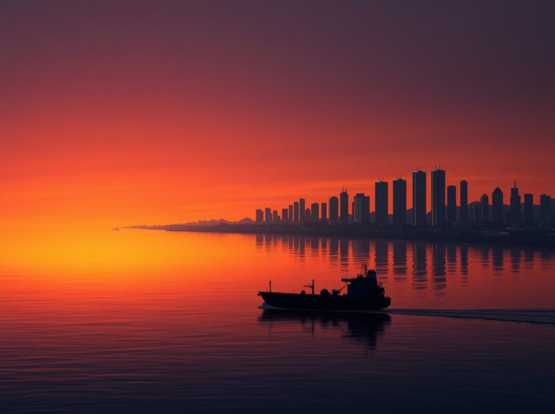 Oil tanker near a Gulf state city skyline as WTI crude prices surge on Middle East conflict fears.
