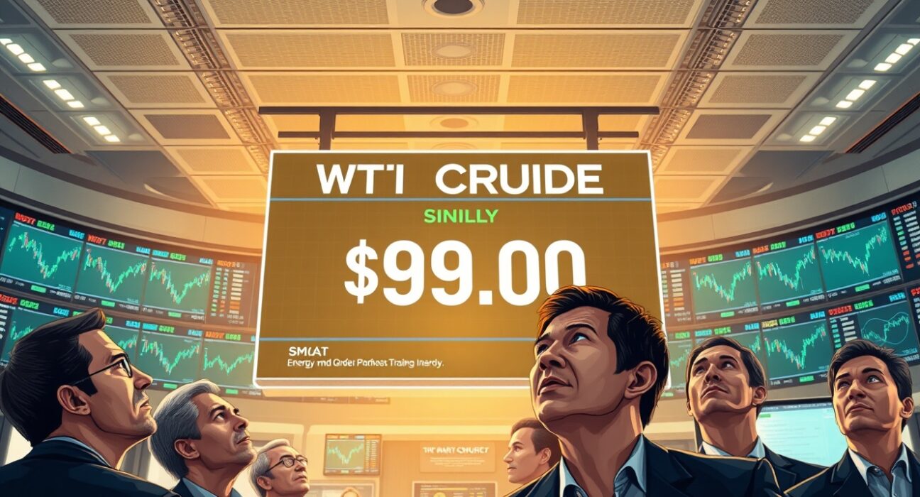 Traders monitor the surging WTI crude oil price on a trading floor display following geopolitical news.