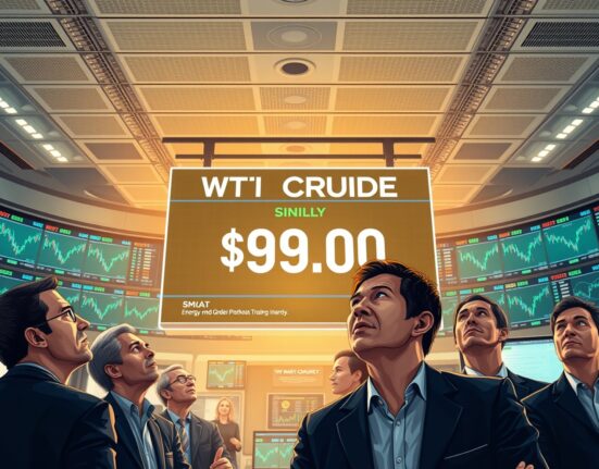 Traders monitor the surging WTI crude oil price on a trading floor display following geopolitical news.