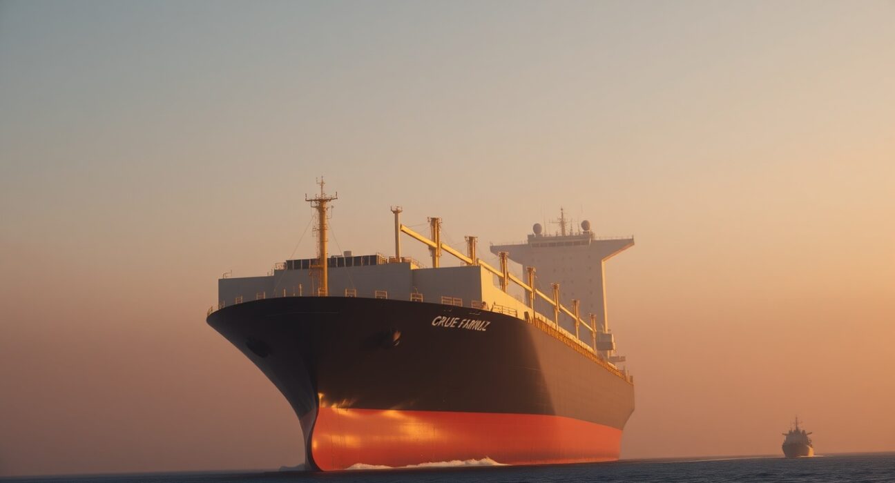 Oil tanker navigating the Strait of Hormuz with a naval vessel in the distance at sunset