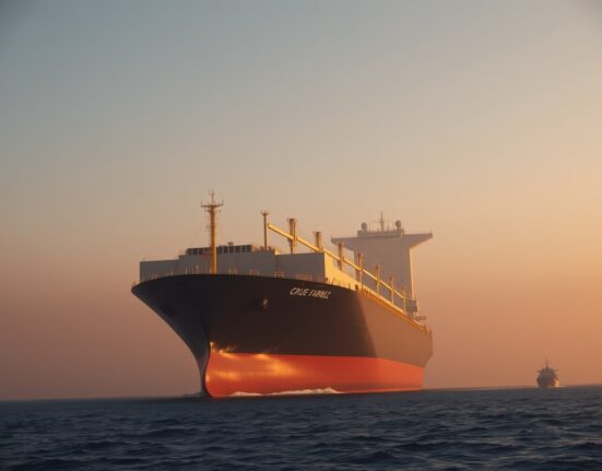 Oil tanker navigating the Strait of Hormuz with a naval vessel in the distance at sunset