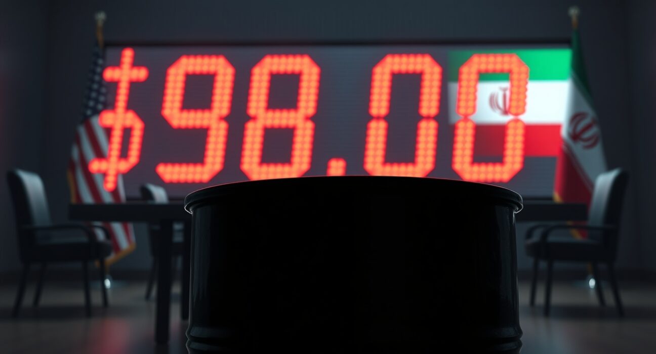 WTI Oil price display showing $98.00 with US and Iran flags in background representing stalled peace process