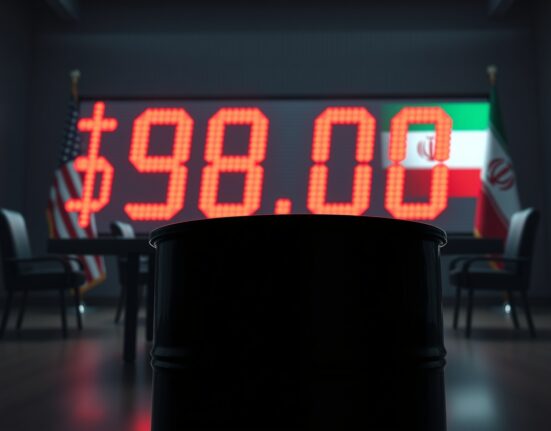 WTI Oil price display showing $98.00 with US and Iran flags in background representing stalled peace process