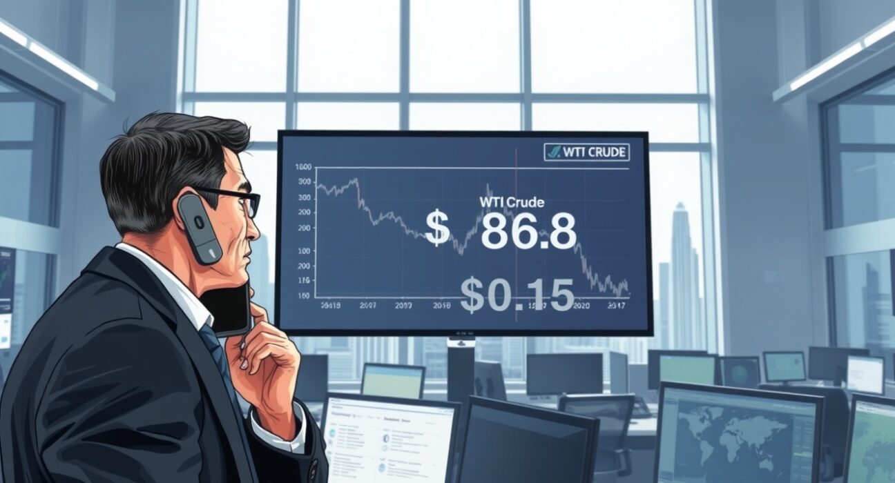 Trader reacts as WTI crude oil price slumps below $87 on trading floor display.