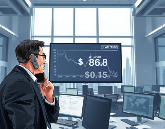 Trader reacts as WTI crude oil price slumps below $87 on trading floor display.