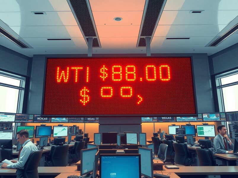 WTI crude oil price board showing $86.00 amid geopolitical uncertainty from US-Iran talks.