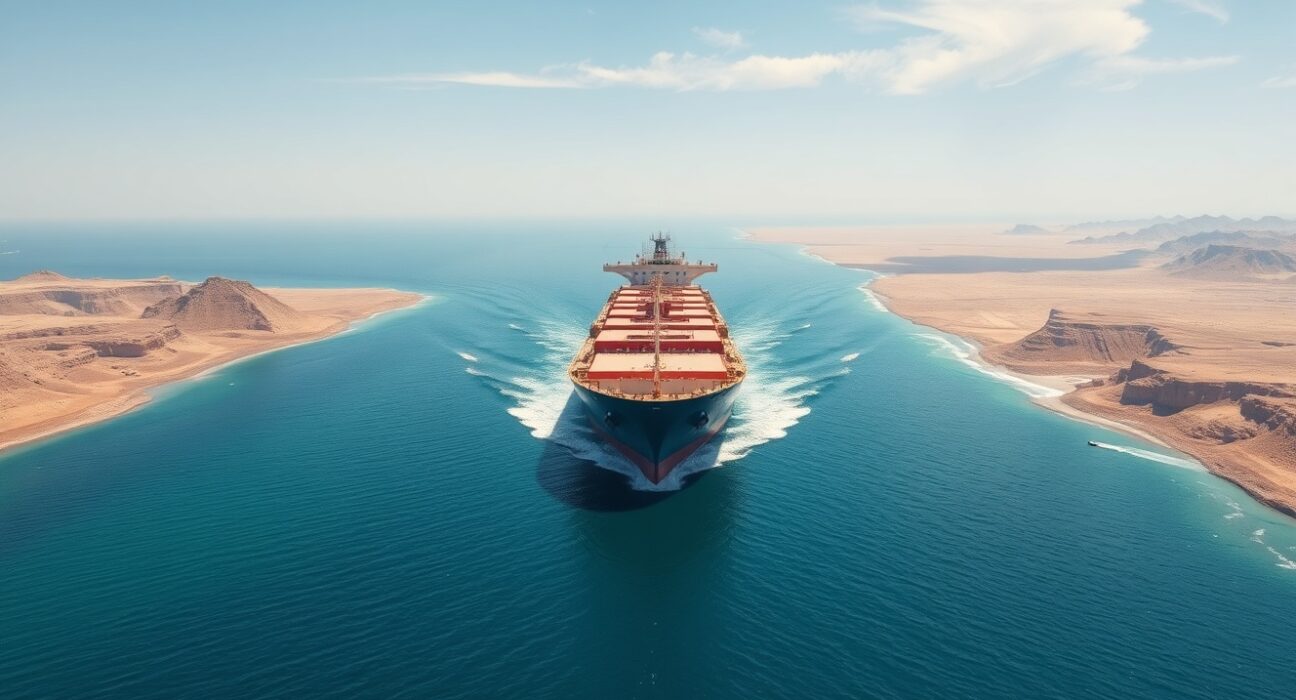 Oil tanker navigating the strategic Strait of Hormuz, a critical chokepoint for global oil shipments.