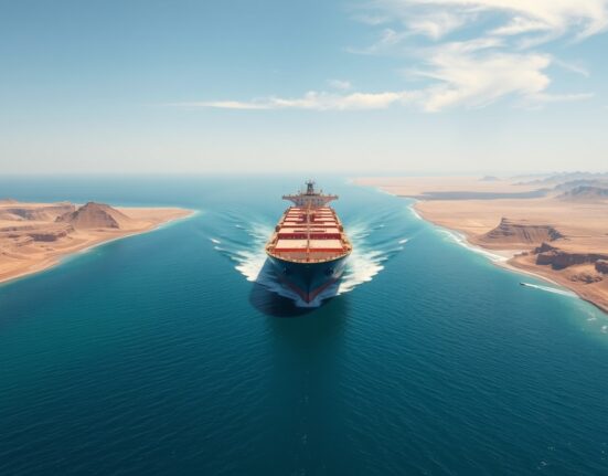 Oil tanker navigating the strategic Strait of Hormuz, a critical chokepoint for global oil shipments.