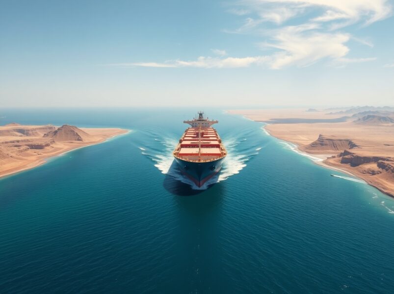 Oil tanker navigating the strategic Strait of Hormuz, a critical chokepoint for global oil shipments.