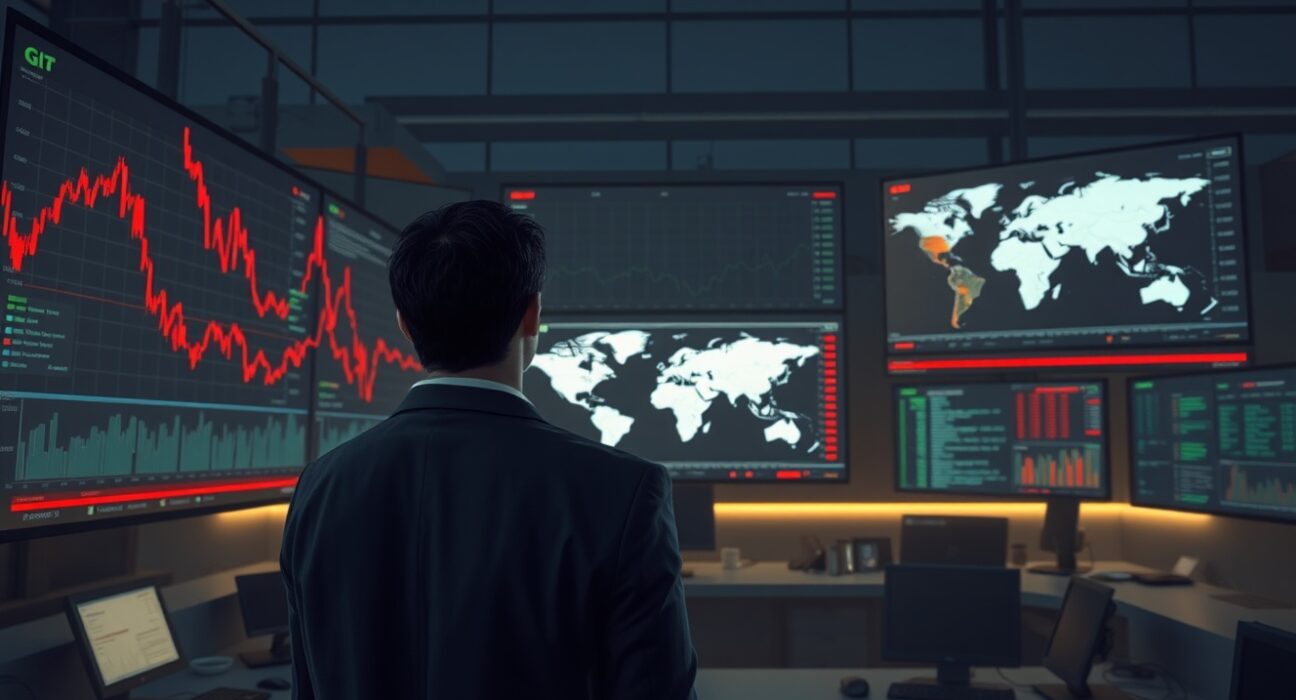 Trader monitors falling WTI oil prices on screens during G7 and IEA energy market discussions.