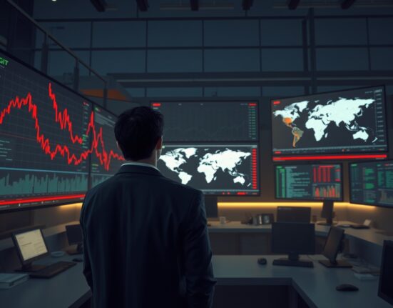 Trader monitors falling WTI oil prices on screens during G7 and IEA energy market discussions.