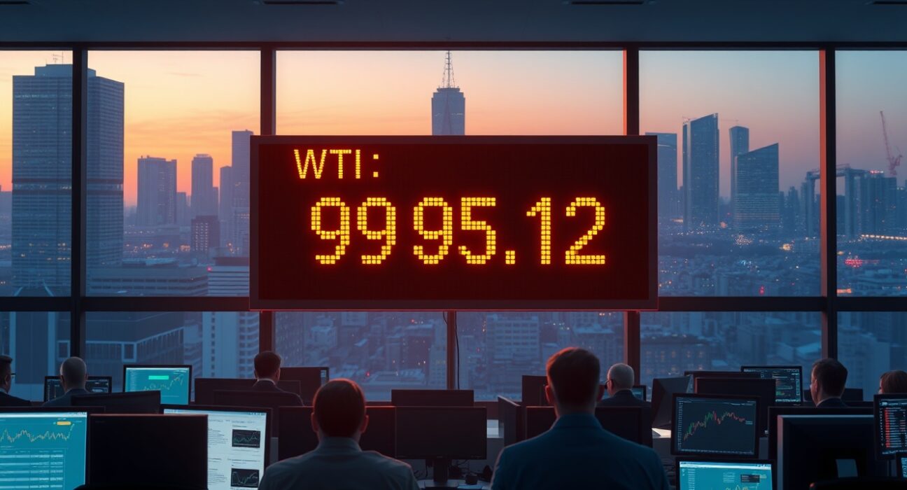 Oil trading floor monitoring WTI crude prices steady near $95 amid geopolitical supply risks.