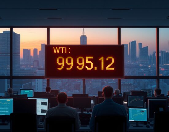 Oil trading floor monitoring WTI crude prices steady near $95 amid geopolitical supply risks.