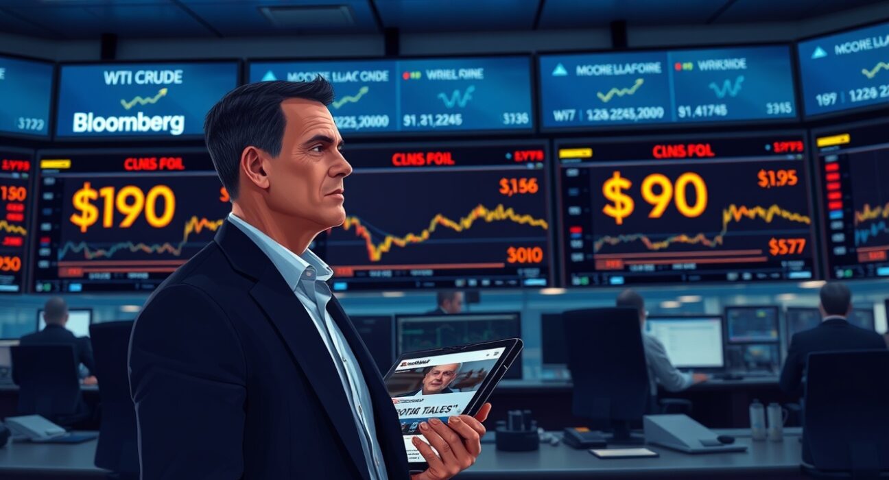 Trader monitoring WTI crude oil prices amid US-Iran diplomatic developments on financial screens