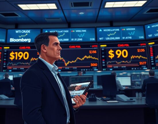 Trader monitoring WTI crude oil prices amid US-Iran diplomatic developments on financial screens