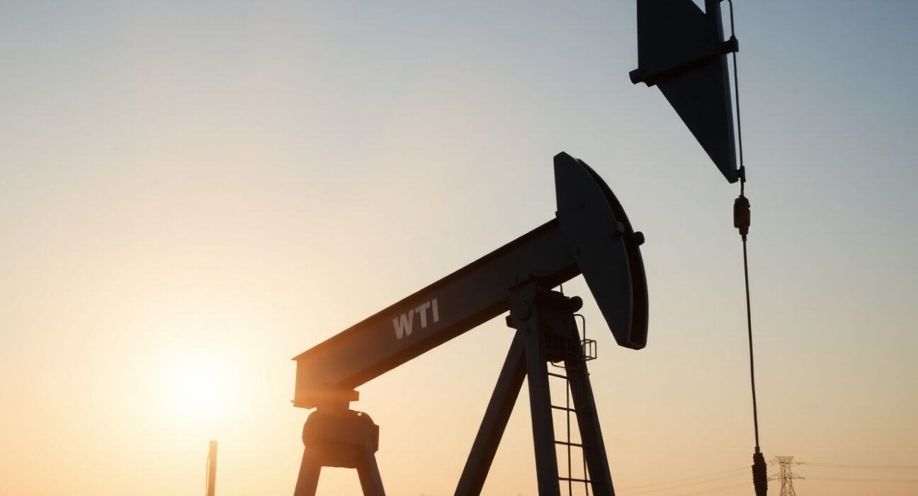 WTI oil pump jack in an oil field at sunset, representing crude oil prices and market movements.