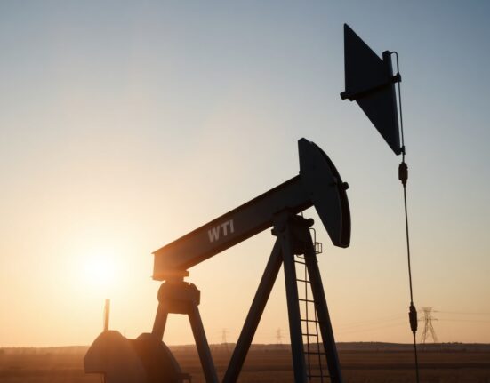 WTI oil pump jack in an oil field at sunset, representing crude oil prices and market movements.