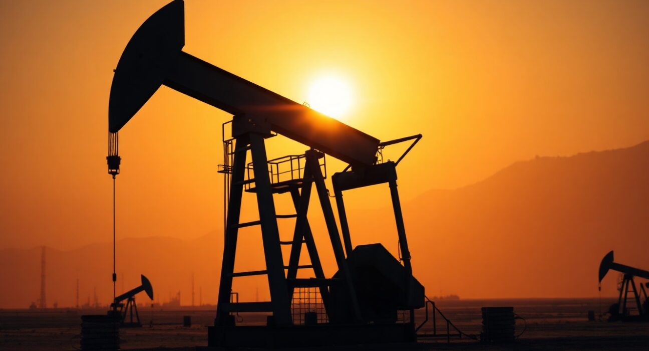 Oil pumpjack silhouette at sunset representing energy supply risk from Middle East tensions