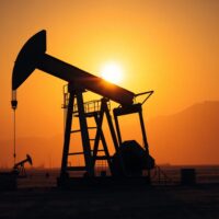 Oil pumpjack silhouette at sunset representing energy supply risk from Middle East tensions