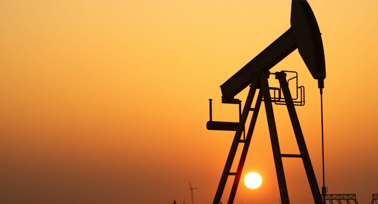 Oil pumpjack silhouette at sunset with diplomatic imagery in background representing Iran oil supply talks