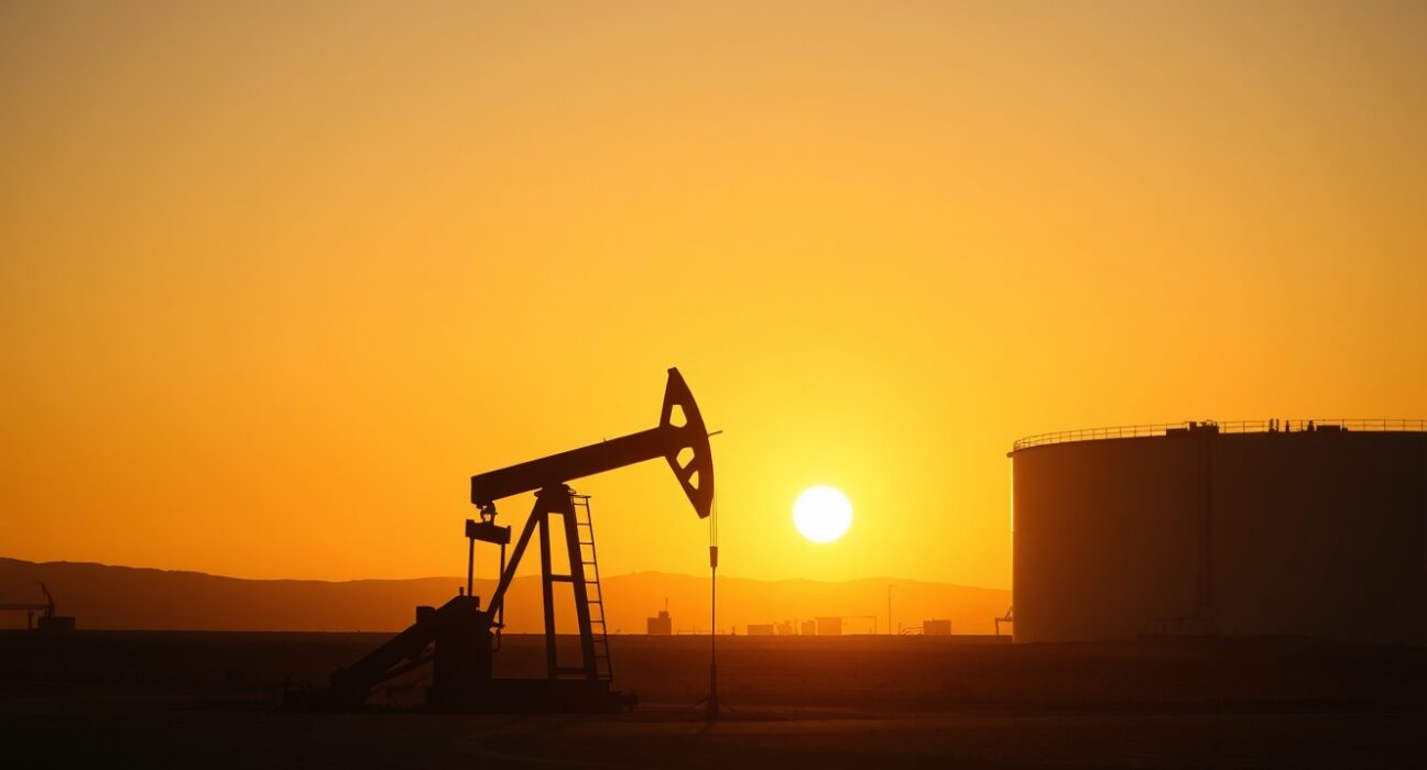 Oil pumpjack silhouetted against sunset with storage tanks in background, representing crude oil market rally.