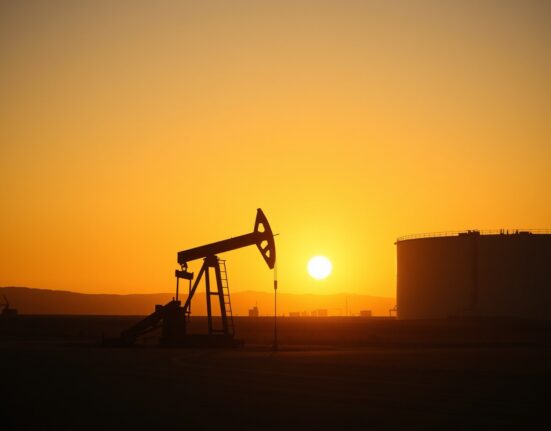 Oil pumpjack silhouetted against sunset with storage tanks in background, representing crude oil market rally.