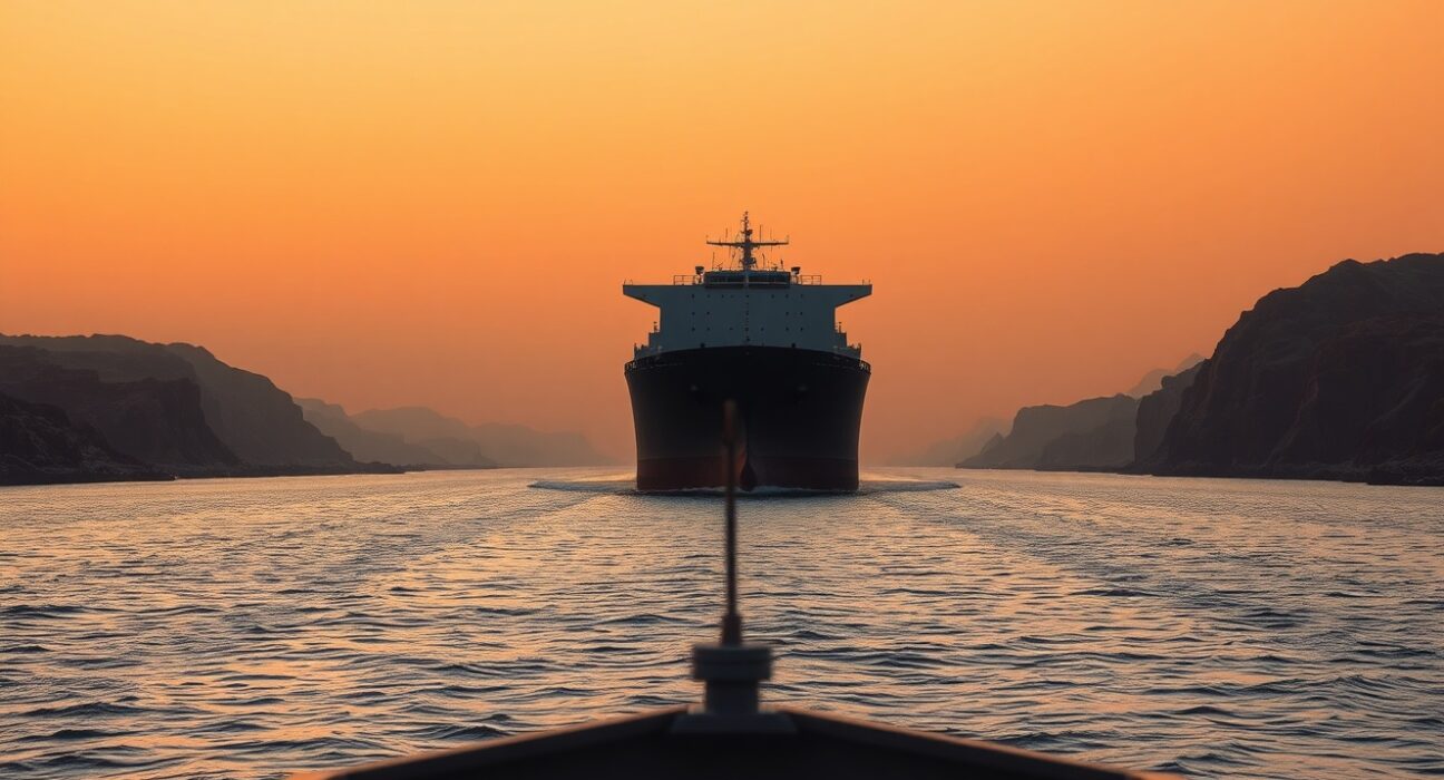 Oil tanker navigating a strategic strait during the Middle East conflict impacting global energy flows and WTI prices.
