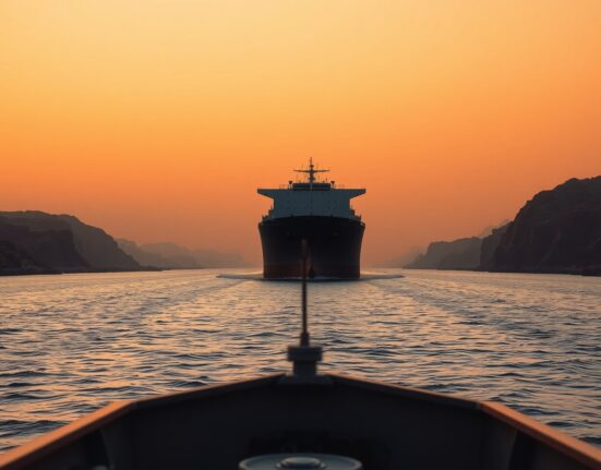 Oil tanker navigating a strategic strait during the Middle East conflict impacting global energy