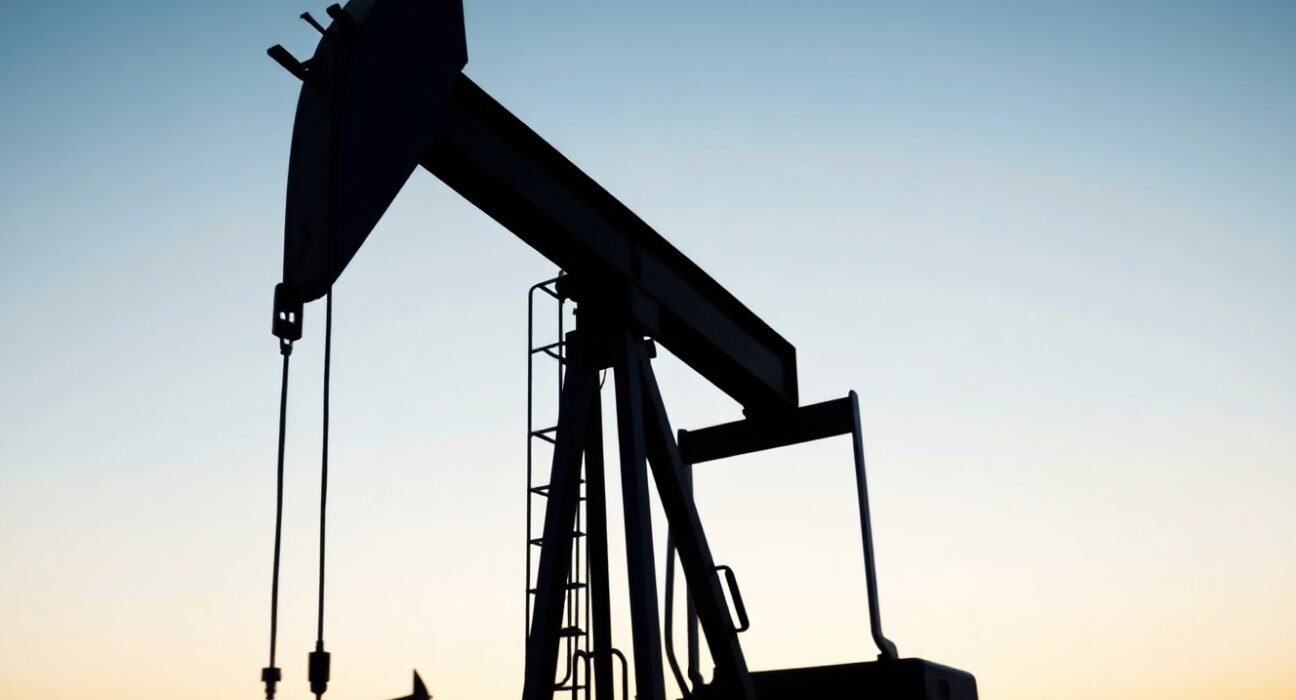 Oil pump jack silhouette at dusk representing crude supply and market stability
