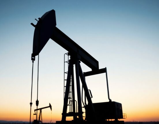Oil pump jack silhouette at dusk representing crude supply and market stability