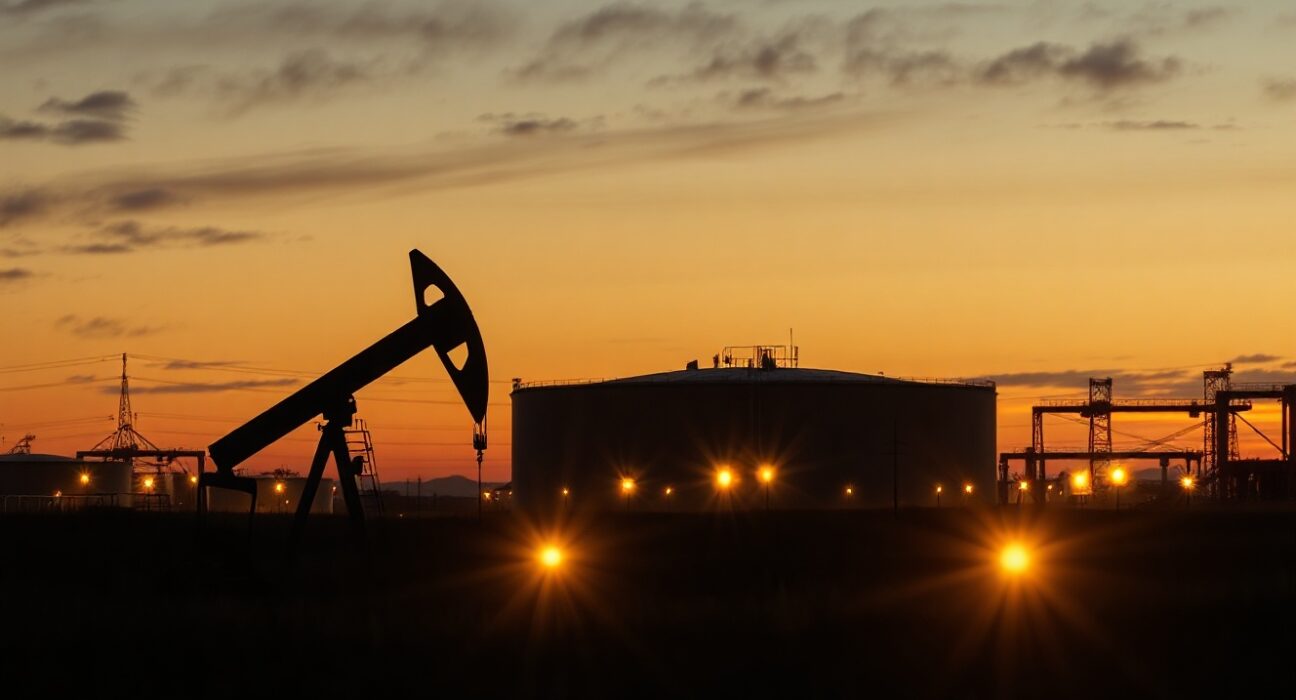 Oil pumpjack silhouette against oil storage tanks at dusk under overcast sky