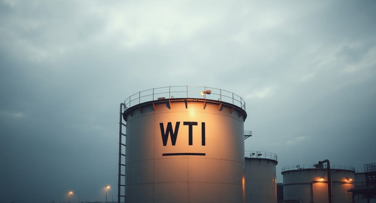 WTI crude oil storage tanks at an industrial facility under overcast sky